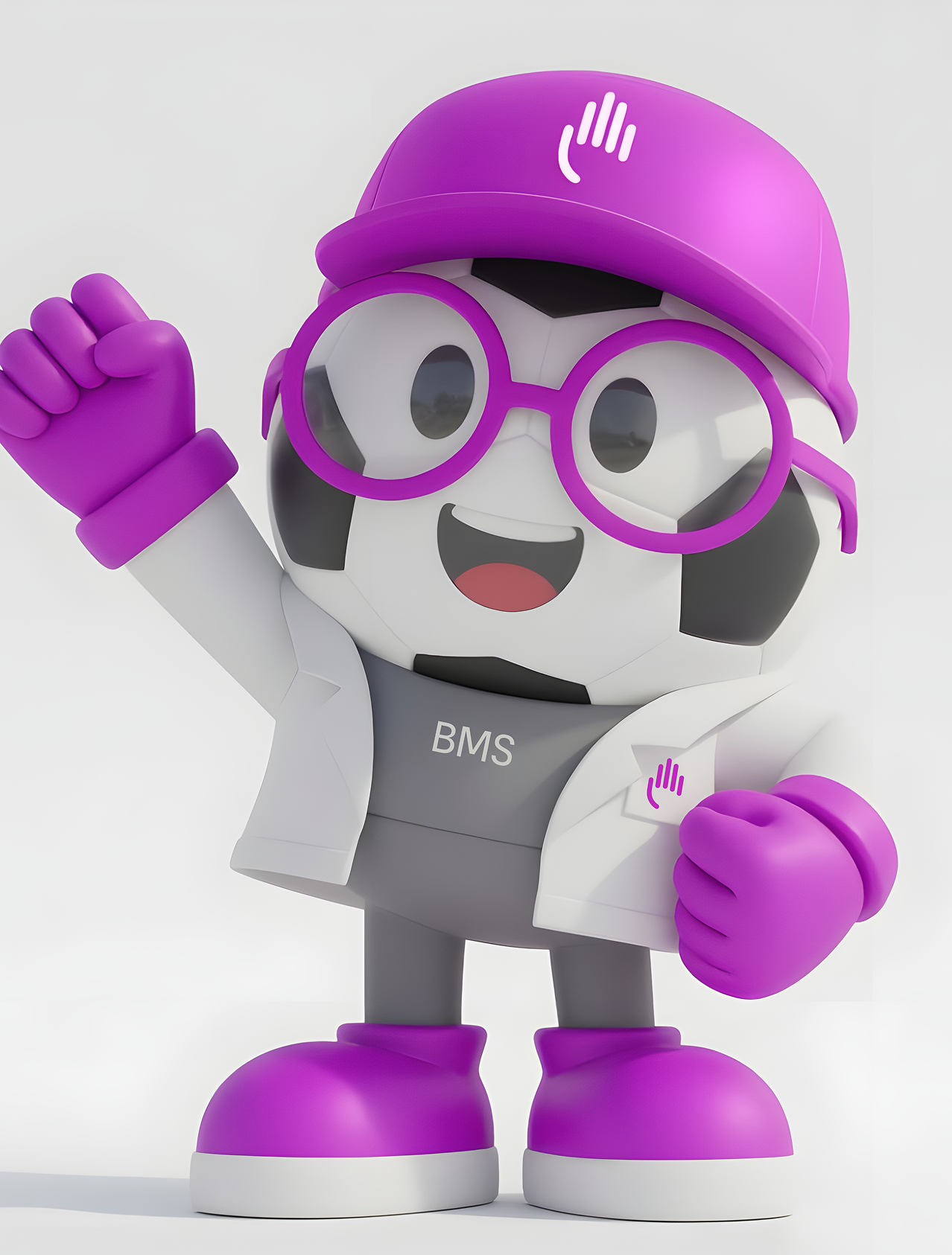 Squibby, the BMS Won't Lose mascot, waving with one fist raised