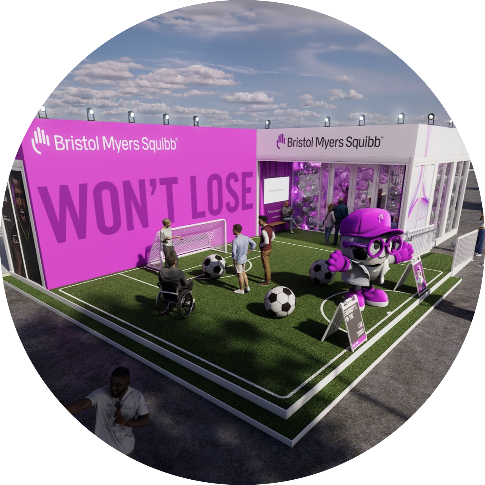 The BMS Won't Lose Fan Hub setup with the Squibby mascot, soccer balls, mini soccer goal and Bristol Myers Squibb branding